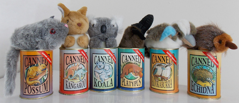 canned animals from Australia - possum, kangaroo, koala, platypus, kookaburra, echidna