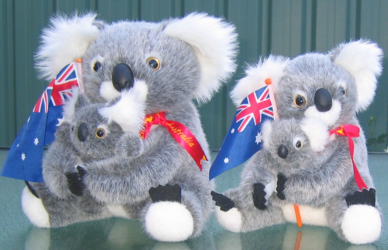 Koala toys holding Australian national flag and baby koala