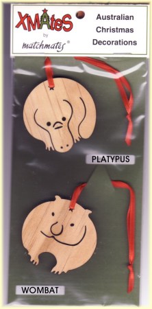 Platypus and Wombat wooden Christmas decoration set