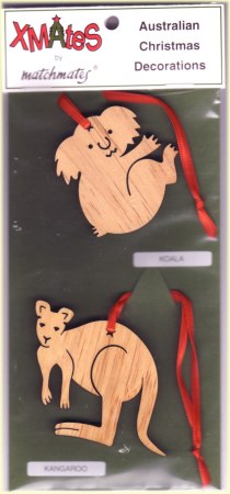 Australian timber koala and kangaroo Christmas tree decorations