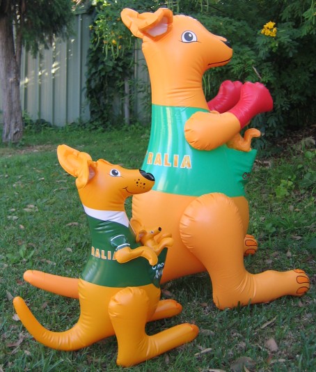 Big blow up inflatable kangaroo toy in yellow & green Aussie colors